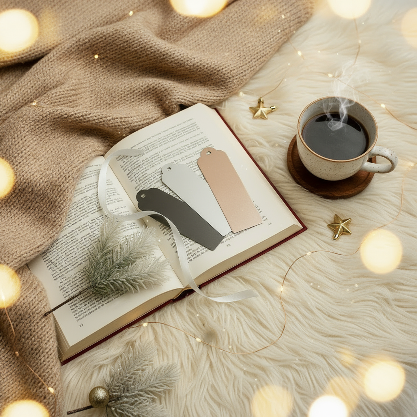 Open book with bookmarks and a steaming cup of coffee on a soft surface with string lights.