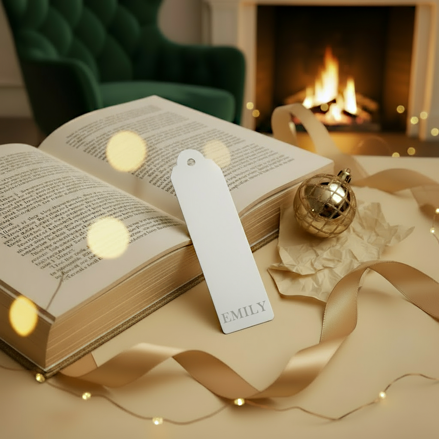 Silver personalised metal bookmark engraved with the name Emily resting on an open book with soft festive lights and a cosy fireplace scene in the background