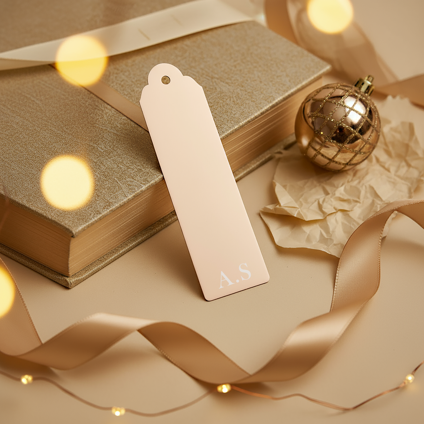 Champagne gold personalised metal bookmark engraved with initials displayed beside a wrapped book with ribbon and festive bauble in warm golden lighting