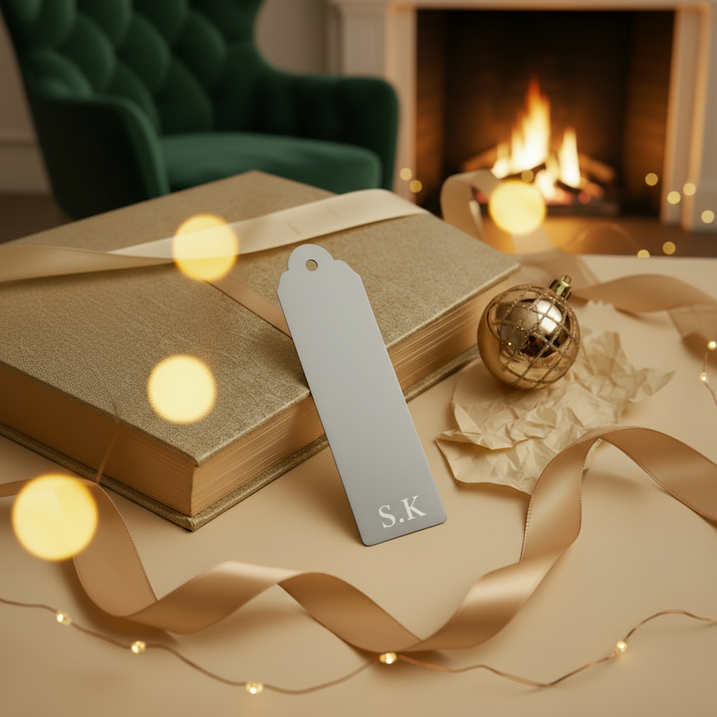 Grey personalised metal bookmark engraved with initials displayed on a wrapped book with ribbon, festive bauble, and a cosy fireplace in the background